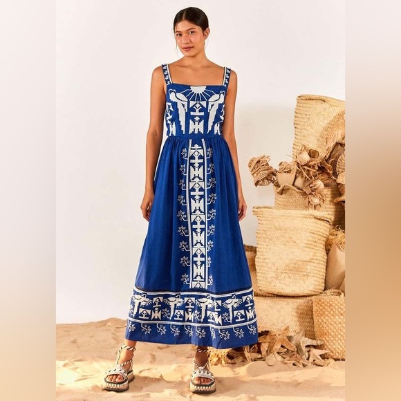FARM Rio | Dresses | Farm Rio Navy Macaw Embroidered Maxi Dress Nwt ...